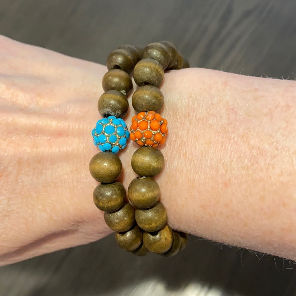 Set of two Guy & Eva stretch wooden bead bracelets.